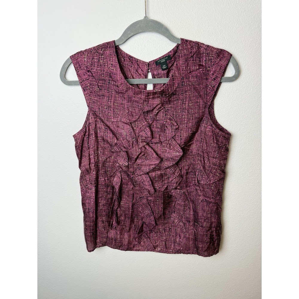 Ann Taylor Pink Maroon Silk Cap Sleeve Floral Neck Blouse Size MP Pettie